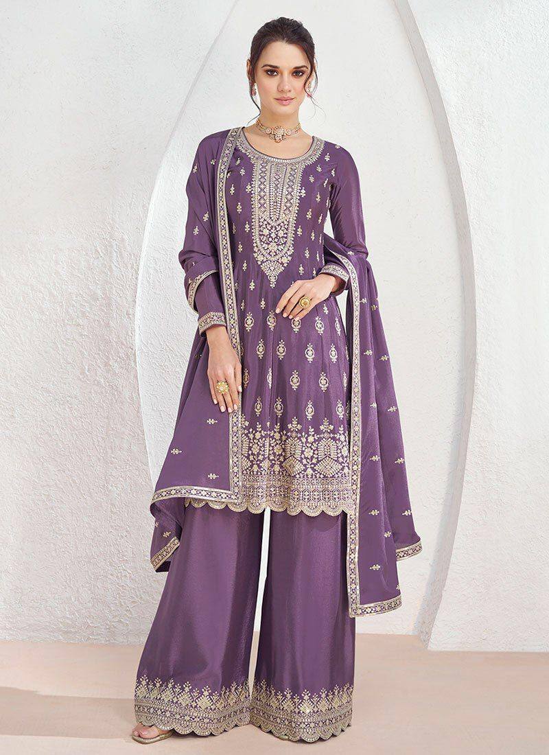 Dusty Purple Exquisite Embroidered Chinon Suit Set with Matching Dupatta ClothsVilla
