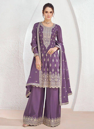 Dusty Purple Exquisite Embroidered Chinon Suit Set with Matching Dupatta ClothsVilla