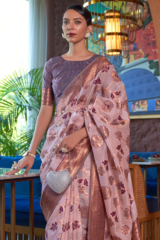 Dusty Purple Graceful & Gold-Toned Banarasi Silk Blend Saree with Zari Woven Border Secondary image