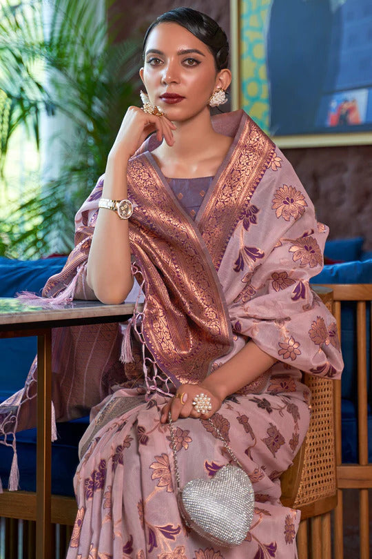 Dusty Purple Graceful & Gold-Toned Banarasi Silk Blend Saree with Zari Woven Border ClothsVilla