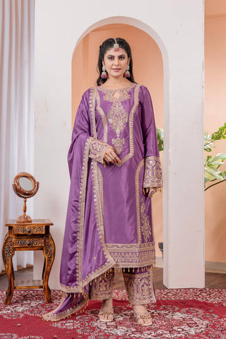 Dusty Purple Premium Designer Readymade Chinon Silk Top, Plazzo & Dupatta Set – Party Wear Elegance