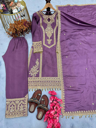 Dusty Purple Premium Designer Readymade Chinon Silk Top, Plazzo & Dupatta Set – Party Wear Elegance