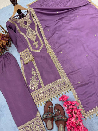 Dusty Purple Premium Designer Readymade Chinon Silk Top, Plazzo & Dupatta Set – Party Wear Elegance