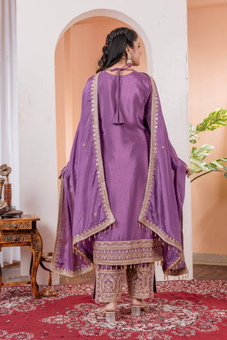 Dusty Purple Premium Designer Readymade Chinon Silk Top, Plazzo & Dupatta Set – Party Wear Elegance
