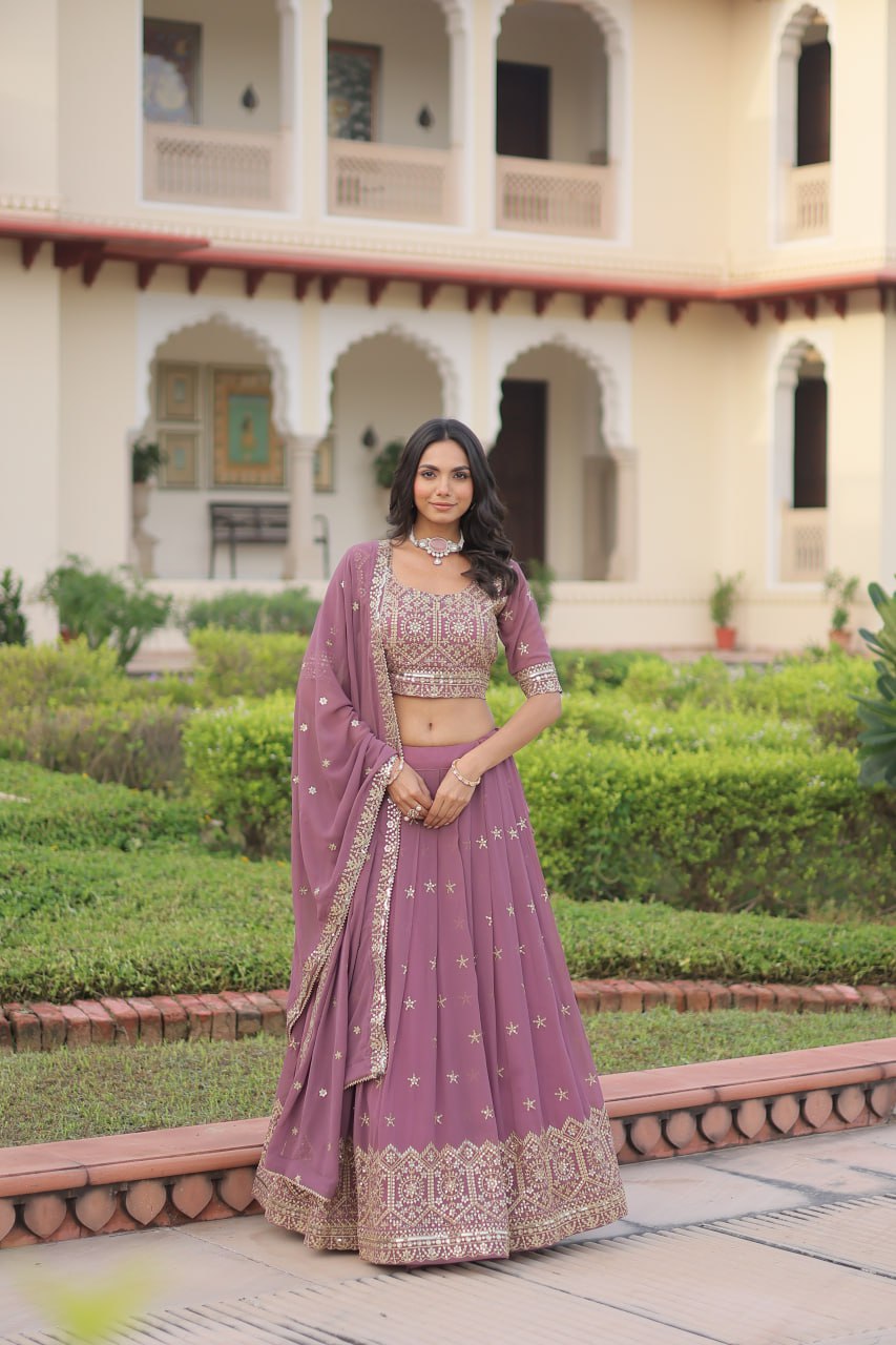 Dusty Purple Premium Faux Georgette Fully Stitched Lehenga with Sequins & Zari Multi Embroidery, Unstitched Blouse, and Matching Embroidered Dupatta ClothsVilla Main image