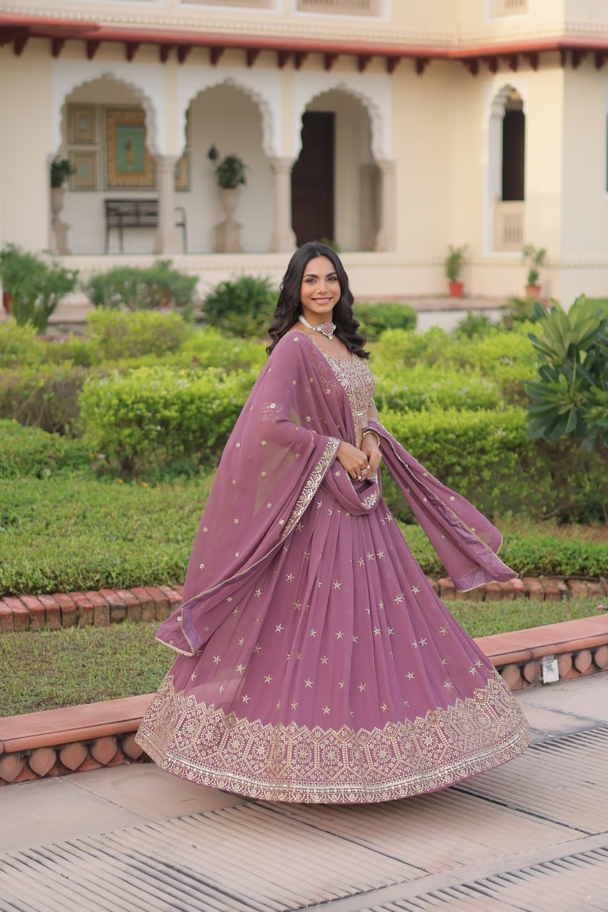 Dusty Purple Premium Faux Georgette Fully Stitched Lehenga with Sequins & Zari Multi Embroidery, Unstitched Blouse, and Matching Embroidered Dupatta ClothsVilla
