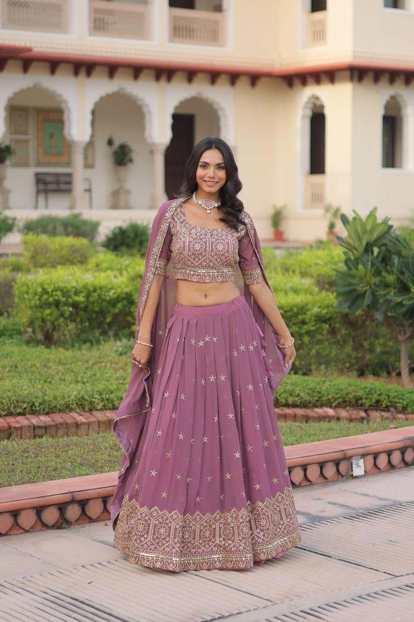 Dusty Purple Premium Faux Georgette Fully Stitched Lehenga with Sequins & Zari Multi Embroidery, Unstitched Blouse, and Matching Embroidered Dupatta ClothsVilla