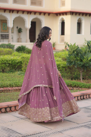 Dusty Purple Premium Faux Georgette Fully Stitched Lehenga with Sequins & Zari Multi Embroidery, Unstitched Blouse, and Matching Embroidered Dupatta ClothsVilla