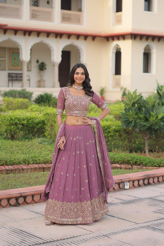 Dusty Purple Premium Faux Georgette Fully Stitched Lehenga with Sequins & Zari Multi Embroidery, Unstitched Blouse, and Matching Embroidered Dupatta ClothsVilla