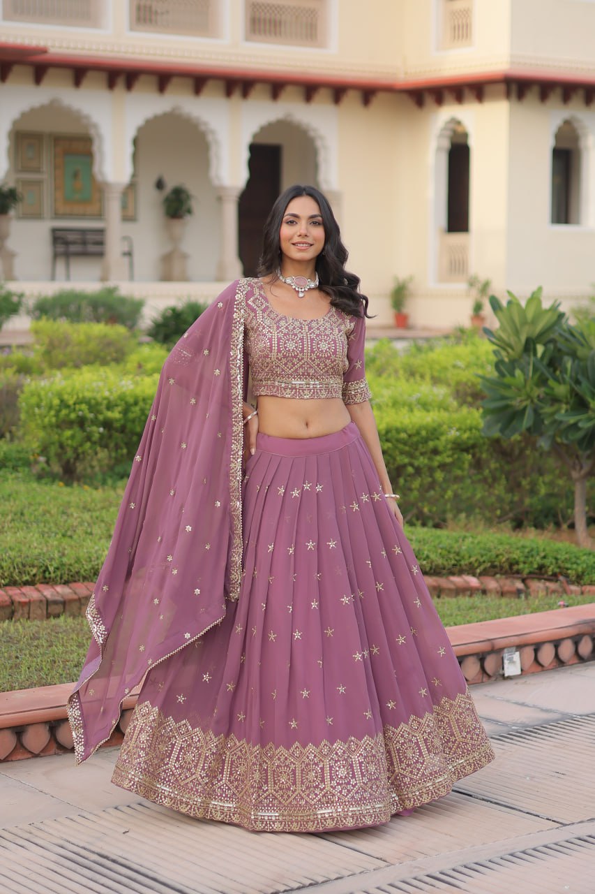 Dusty Purple Premium Faux Georgette Fully Stitched Lehenga with Sequins & Zari Multi Embroidery, Unstitched Blouse, and Matching Embroidered Dupatta ClothsVilla