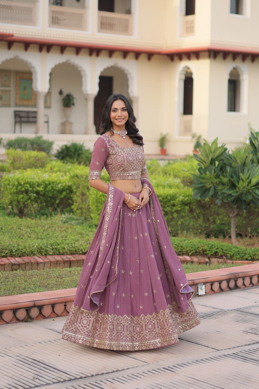 Dusty Purple Premium Faux Georgette Fully Stitched Lehenga with Sequins & Zari Multi Embroidery, Unstitched Blouse, and Matching Embroidered Dupatta ClothsVilla