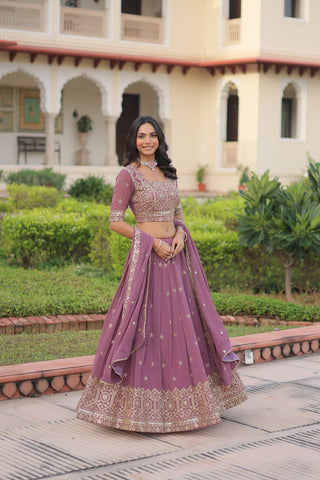 Dusty Purple Premium Faux Georgette Fully Stitched Lehenga with Sequins & Zari Multi Embroidery, Unstitched Blouse, and Matching Embroidered Dupatta ClothsVilla