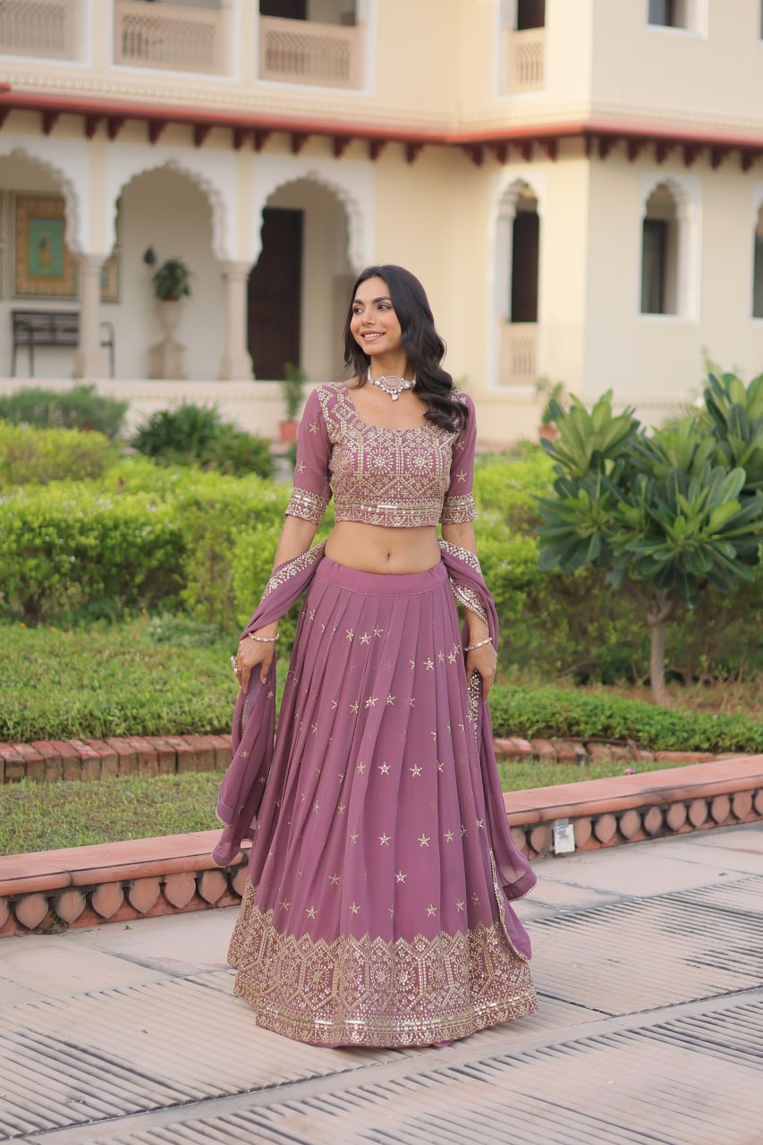 Dusty Purple Premium Faux Georgette Fully Stitched Lehenga with Sequins & Zari Multi Embroidery, Unstitched Blouse, and Matching Embroidered Dupatta ClothsVilla