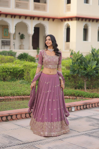 Dusty Purple Premium Faux Georgette Fully Stitched Lehenga with Sequins & Zari Multi Embroidery, Unstitched Blouse, and Matching Embroidered Dupatta ClothsVilla