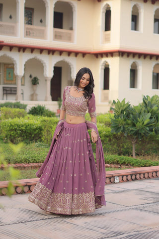 Dusty Purple Premium Faux Georgette Fully Stitched Lehenga with Sequins & Zari Multi Embroidery, Unstitched Blouse, and Matching Embroidered Dupatta ClothsVilla