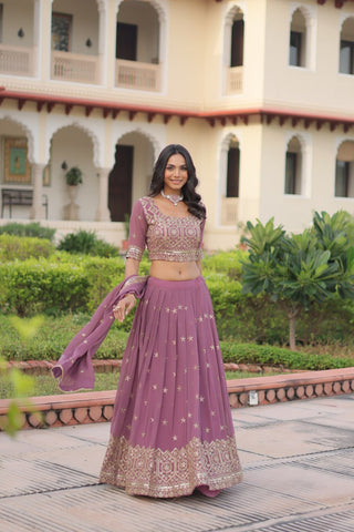 Dusty Purple Premium Faux Georgette Fully Stitched Lehenga with Sequins & Zari Multi Embroidery, Unstitched Blouse, and Matching Embroidered Dupatta ClothsVilla