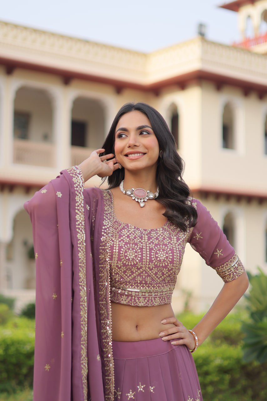 Dusty Purple Premium Faux Georgette Fully Stitched Lehenga with Sequins & Zari Multi Embroidery, Unstitched Blouse, and Matching Embroidered Dupatta ClothsVilla