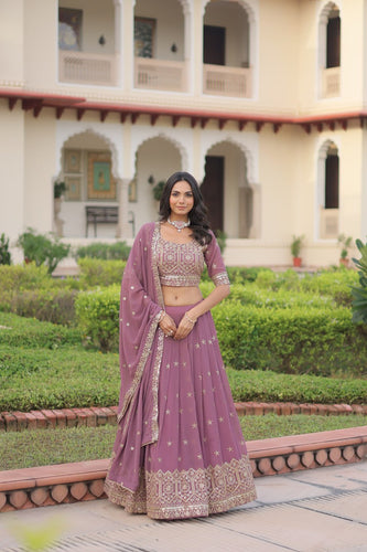 Dusty Purple Premium Faux Georgette Fully Stitched Lehenga with Sequins & Zari Multi Embroidery, Unstitched Blouse, and Matching Embroidered Dupatta ClothsVilla