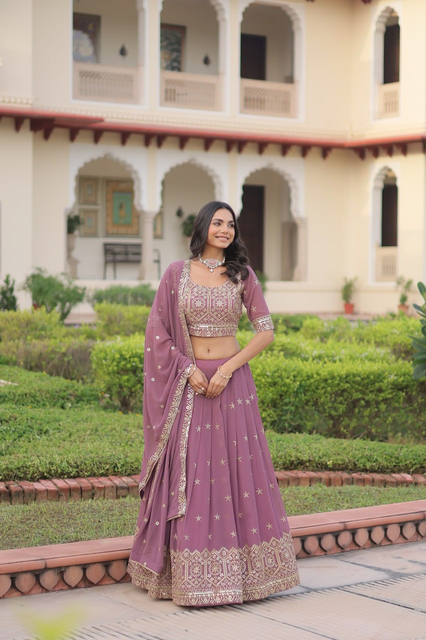 Dusty Purple Premium Faux Georgette Fully Stitched Lehenga with Sequins & Zari Multi Embroidery, Unstitched Blouse, and Matching Embroidered Dupatta ClothsVilla