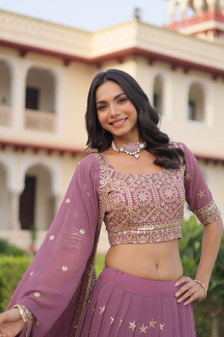Dusty Purple Premium Faux Georgette Fully Stitched Lehenga with Sequins & Zari Multi Embroidery, Unstitched Blouse, and Matching Embroidered Dupatta ClothsVilla