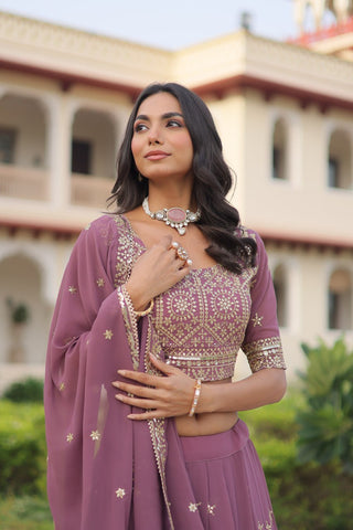 Dusty Purple Premium Faux Georgette Fully Stitched Lehenga with Sequins & Zari Multi Embroidery, Unstitched Blouse, and Matching Embroidered Dupatta ClothsVilla