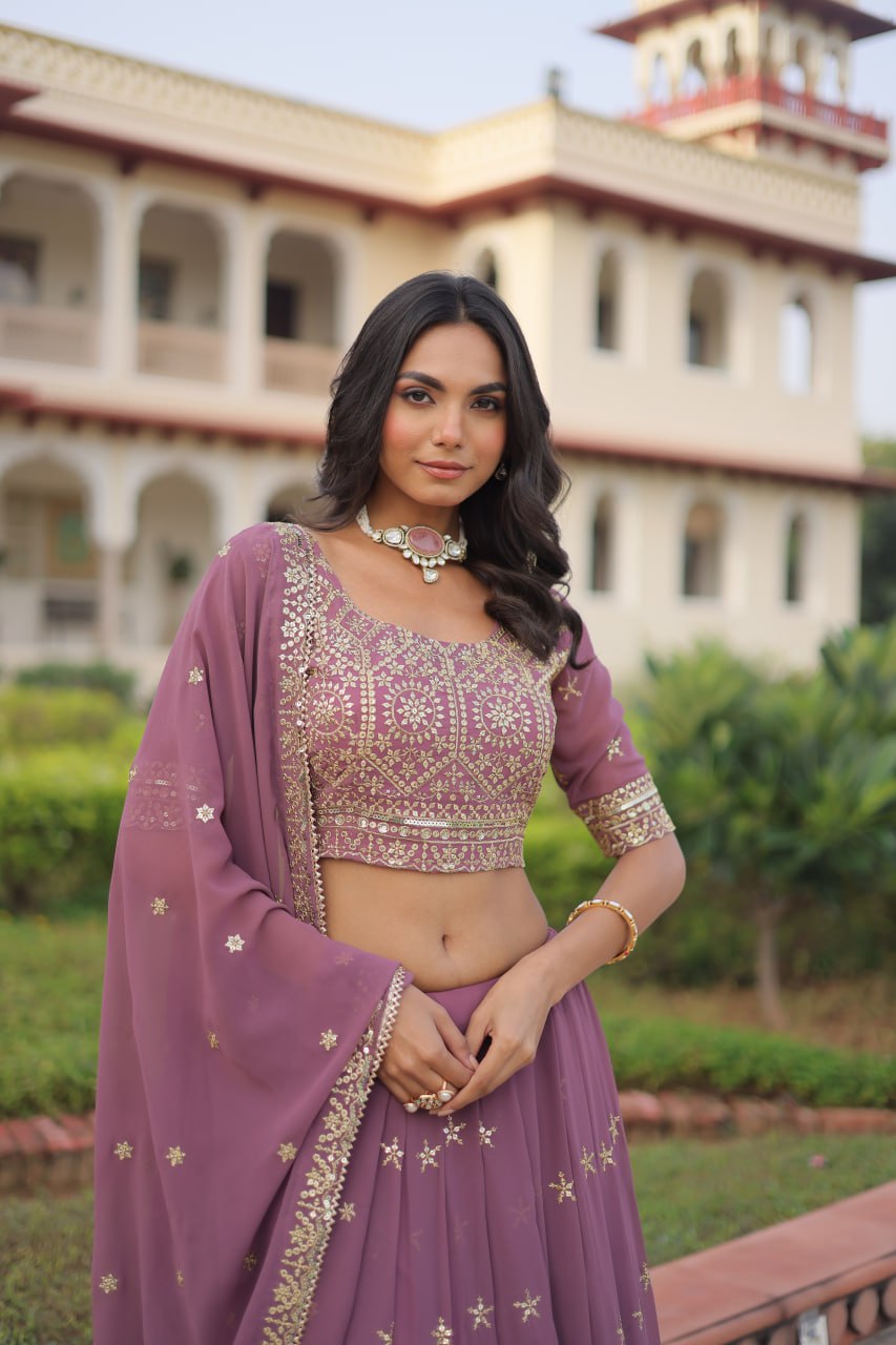 Dusty Purple Premium Faux Georgette Fully Stitched Lehenga with Sequins & Zari Multi Embroidery, Unstitched Blouse, and Matching Embroidered Dupatta ClothsVilla