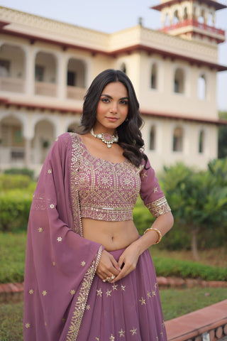 Dusty Purple Premium Faux Georgette Fully Stitched Lehenga with Sequins & Zari Multi Embroidery, Unstitched Blouse, and Matching Embroidered Dupatta ClothsVilla