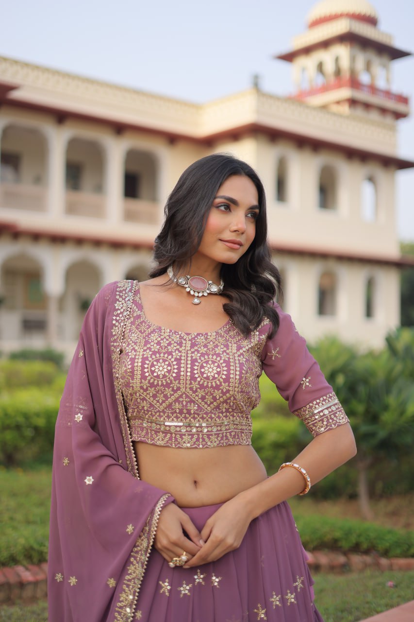 Dusty Purple Premium Faux Georgette Fully Stitched Lehenga with Sequins & Zari Multi Embroidery, Unstitched Blouse, and Matching Embroidered Dupatta ClothsVilla