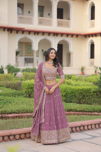 Dusty Purple Premium Faux Georgette Fully Stitched Lehenga with Sequins & Zari Multi Embroidery, Unstitched Blouse, and Matching Embroidered Dupatta ClothsVilla