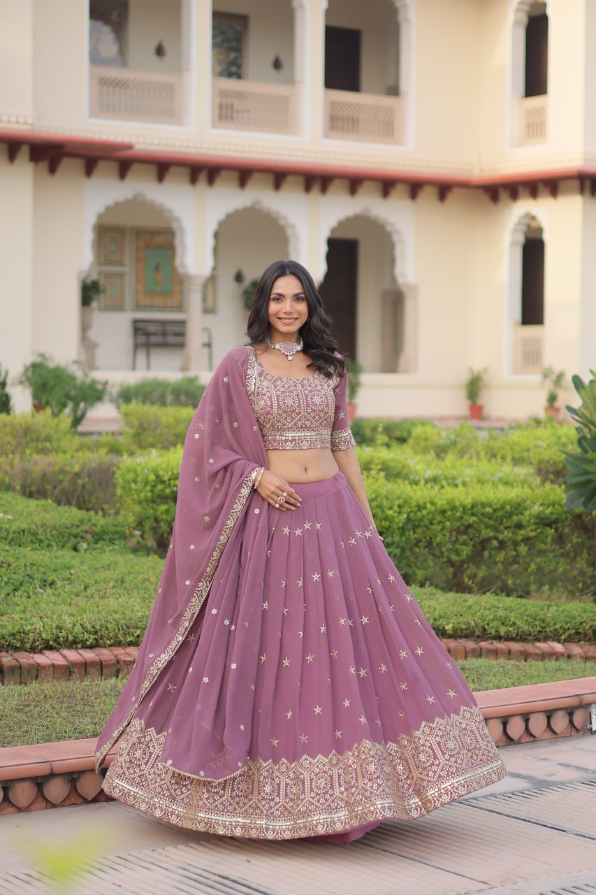 Dusty Purple Premium Faux Georgette Fully Stitched Lehenga with Sequins & Zari Multi Embroidery, Unstitched Blouse, and Matching Embroidered Dupatta ClothsVilla