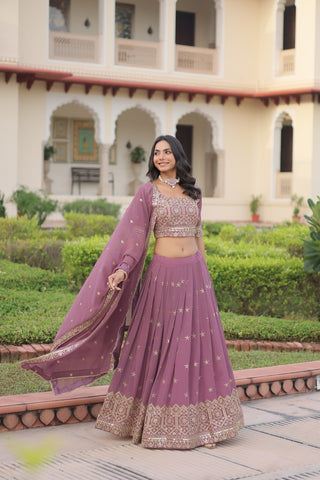 Dusty Purple Premium Faux Georgette Fully Stitched Lehenga with Sequins & Zari Multi Embroidery, Unstitched Blouse, and Matching Embroidered Dupatta ClothsVilla