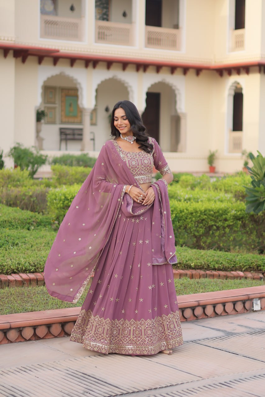 Dusty Purple Premium Faux Georgette Fully Stitched Lehenga with Sequins & Zari Multi Embroidery, Unstitched Blouse, and Matching Embroidered Dupatta ClothsVilla