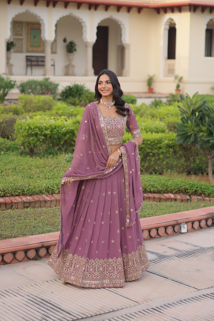 Dusty Purple Premium Faux Georgette Fully Stitched Lehenga with Sequins & Zari Multi Embroidery, Unstitched Blouse, and Matching Embroidered Dupatta ClothsVilla