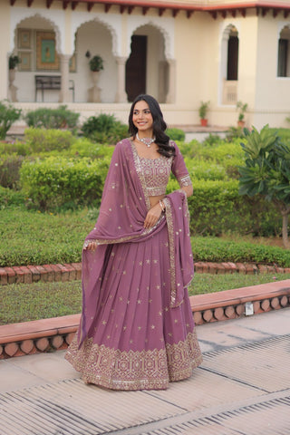 Dusty Purple Premium Faux Georgette Fully Stitched Lehenga with Sequins & Zari Multi Embroidery, Unstitched Blouse, and Matching Embroidered Dupatta ClothsVilla