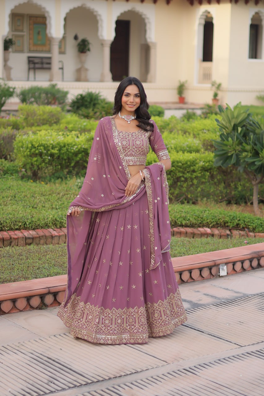 Dusty Purple Premium Faux Georgette Fully Stitched Lehenga with Sequins & Zari Multi Embroidery, Unstitched Blouse, and Matching Embroidered Dupatta ClothsVilla