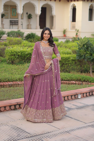 Dusty Purple Premium Faux Georgette Fully Stitched Lehenga with Sequins & Zari Multi Embroidery, Unstitched Blouse, and Matching Embroidered Dupatta ClothsVilla