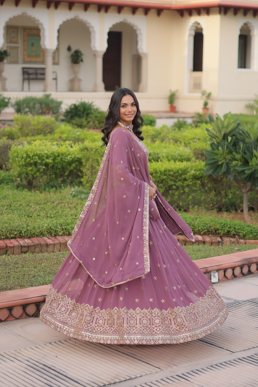 Dusty Purple Premium Faux Georgette Fully Stitched Lehenga with Sequins & Zari Multi Embroidery, Unstitched Blouse, and Matching Embroidered Dupatta ClothsVilla