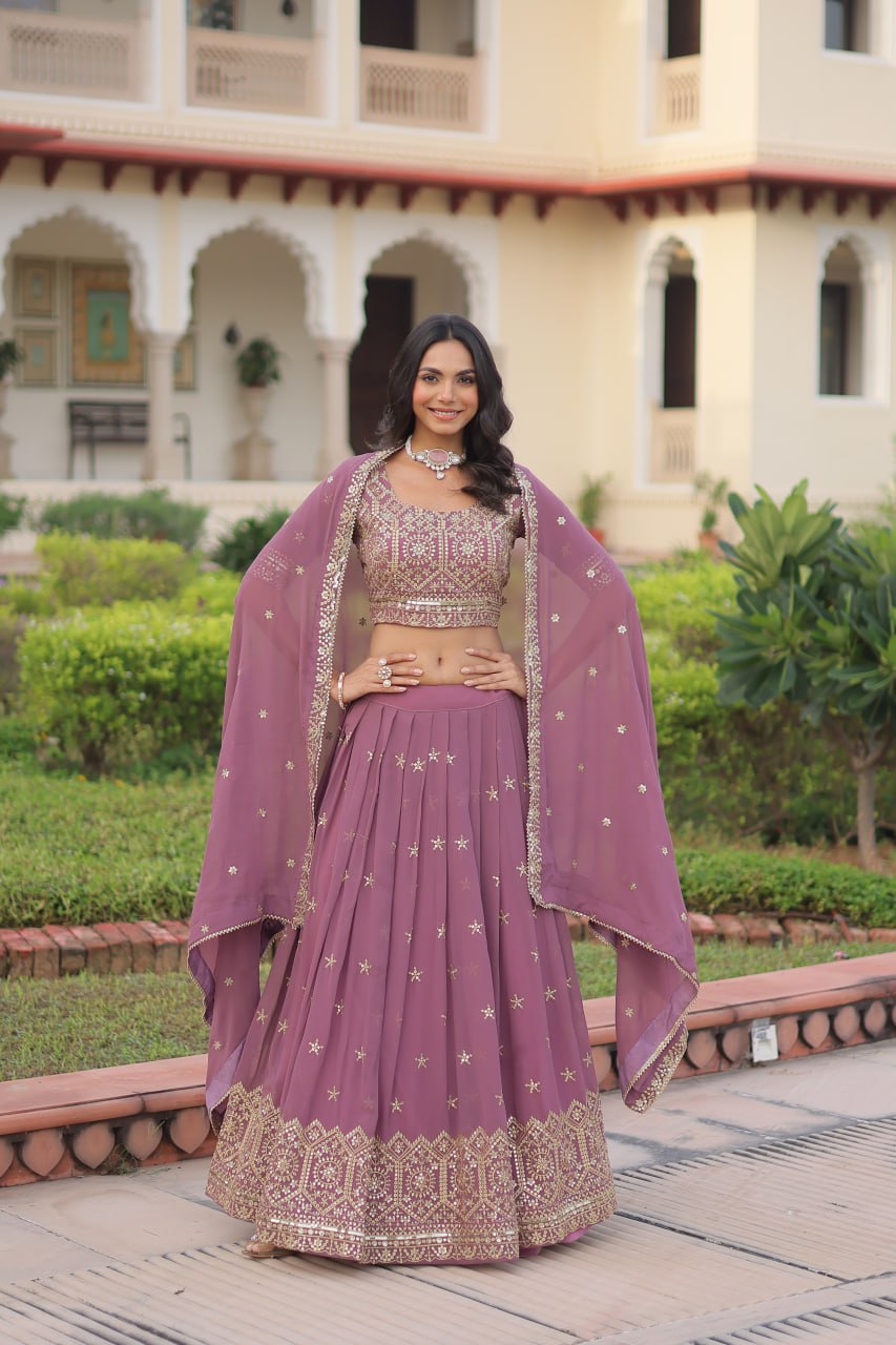 Dusty Purple Premium Faux Georgette Fully Stitched Lehenga with Sequins & Zari Multi Embroidery, Unstitched Blouse, and Matching Embroidered Dupatta ClothsVilla