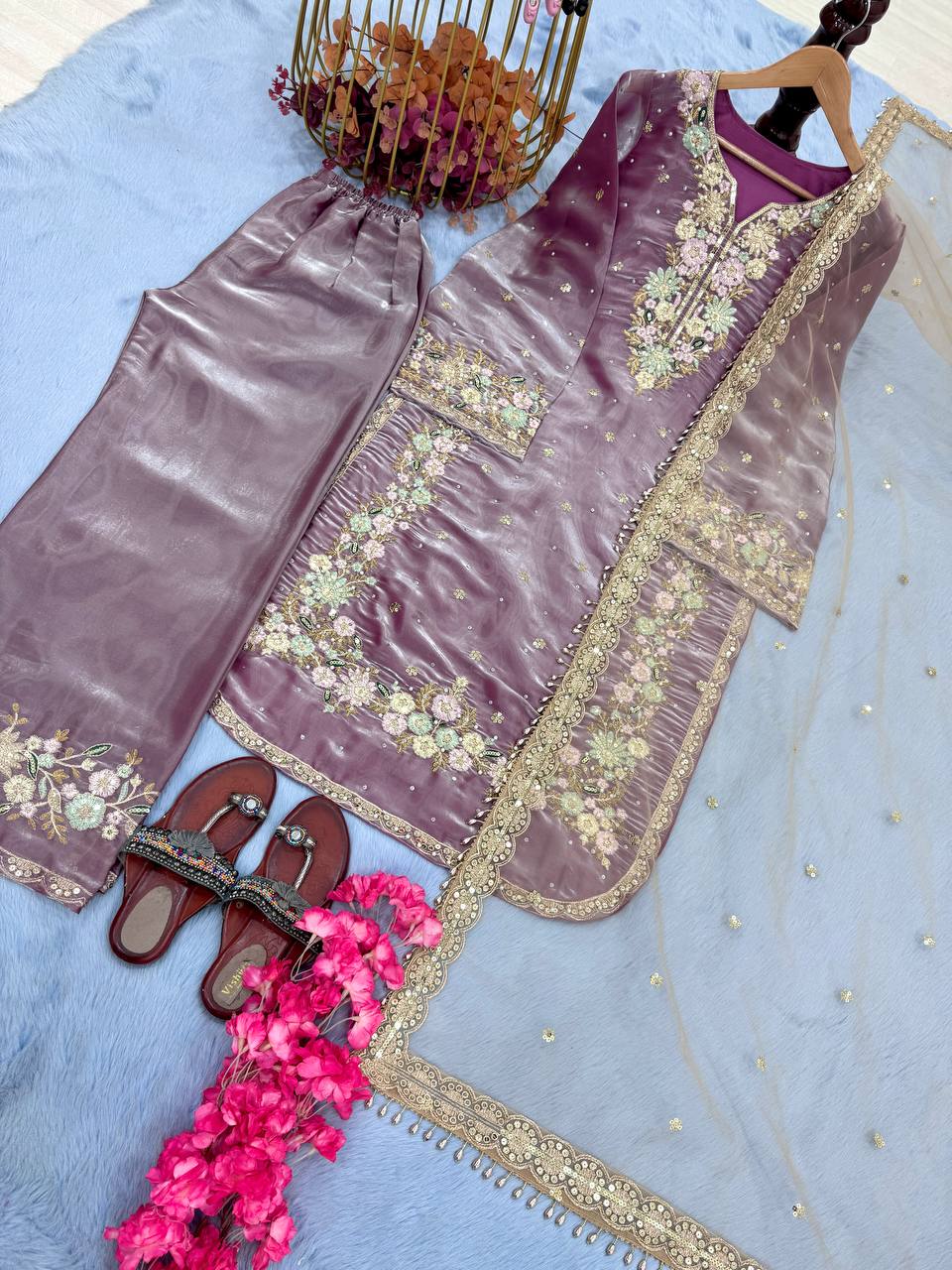Dusty Purple Premium Embroidered Palazzo Set with Dupatta Secondary image