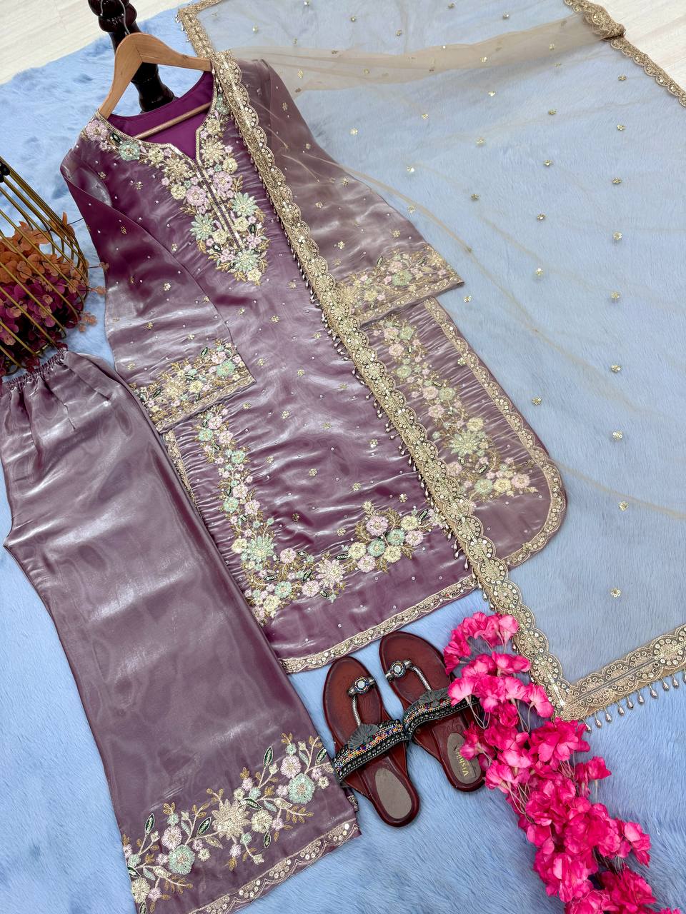 Dusty Purple Premium Jimmy Choo Embroidered Palazzo Set with Dupatta ClothsVilla