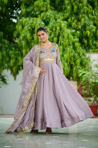 Dusty Purple Vichitra Silk Sequins & Zari Embroidered 12-Kali Anarkali Gown with Designer Dupatta ClothsVilla