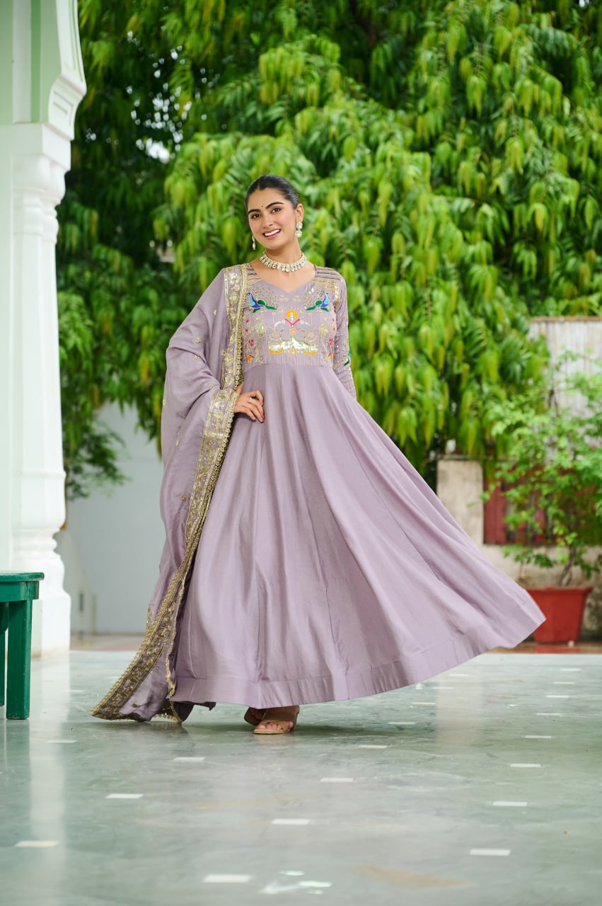 Dusty Purple Vichitra Silk Sequins & Zari Embroidered 12-Kali Anarkali Gown with Designer Dupatta Secondary image