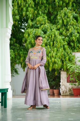 Dusty Purple Vichitra Silk Sequins & Zari Embroidered 12-Kali Anarkali Gown with Designer Dupatta ClothsVilla