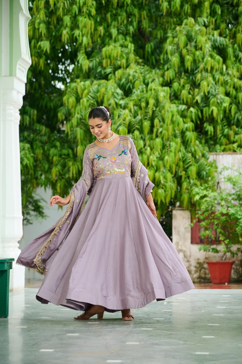 Dusty Purple Vichitra Silk Sequins & Zari Embroidered 12-Kali Anarkali Gown with Designer Dupatta ClothsVilla