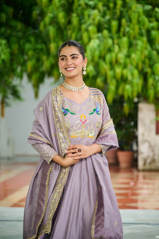 Dusty Purple Vichitra Silk Sequins & Zari Embroidered 12-Kali Anarkali Gown with Designer Dupatta ClothsVilla