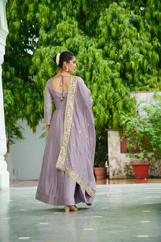 Dusty Purple Vichitra Silk Sequins & Zari Embroidered 12-Kali Anarkali Gown with Designer Dupatta ClothsVilla