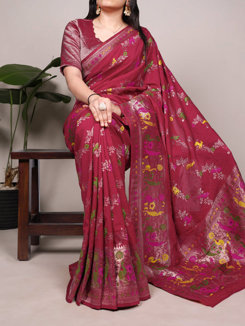 Dusty Red Nylon Weaving Work Saree ClothsVilla Main image