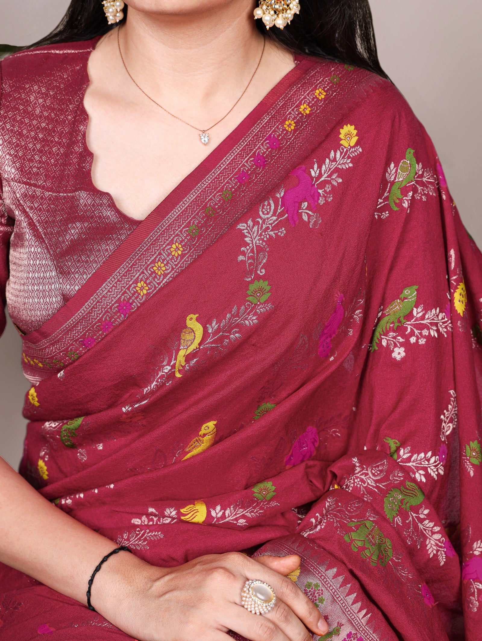 Dusty Red Nylon Weaving Work Saree ClothsVilla