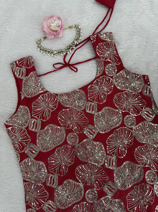 Dusty Red Premium Simmer Silk Sharara Set with Dupatta – Thread & Sequin Work | Fully Stitched ClothsVilla