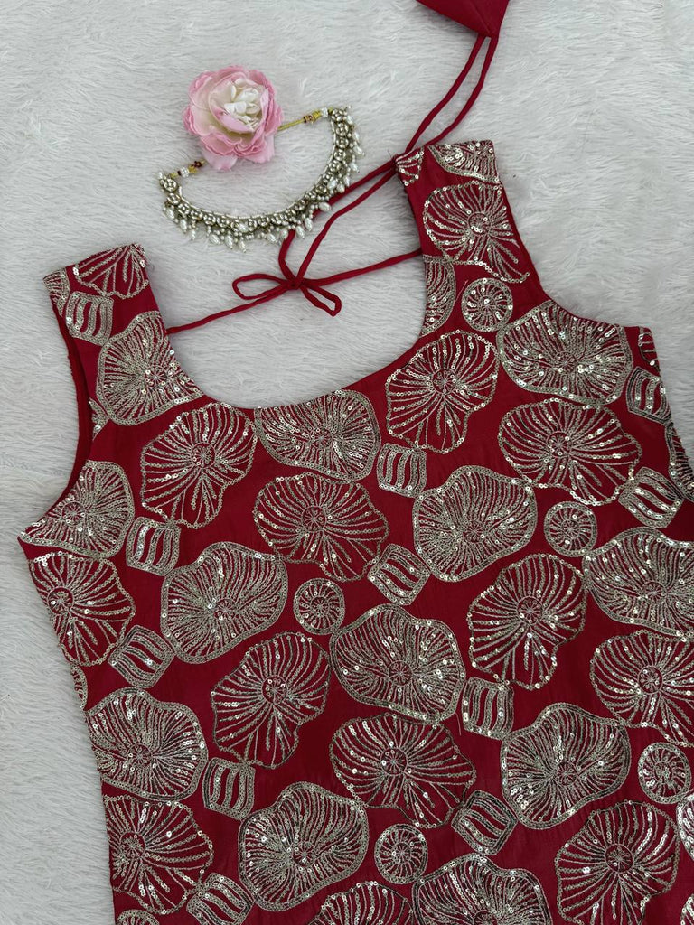 Dusty Red Premium Simmer Silk Sharara Set with Dupatta – Thread & Sequin Work | Fully Stitched ClothsVilla